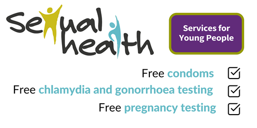 Left aligned sexual health logo, where the x and l in the word are replaced by silhouettes of people.  Services for Young People logo appears to the right of the sexual health logo. Underneath the logos is a ticklist to denote that free condoms; free chlamydia and gonorrhoea testing; and free pregnancy testing is available.