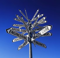 Signpost pointing to lots of different careers, for example: engineering, healthcare