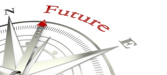 Directional compass with arrow pointing towards the word 'Future' in red text.