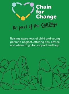 Green image with text reading Chain for Change - Be part of the CHAINge