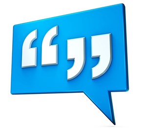 Blue speech bubble with white quotation marks.