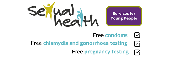 Sexual Health Logo, Services for Young People purple and green logo, list of sexual health offers including free condoms, free chlamydia and gonorrhoea testing, free pregnancy testing