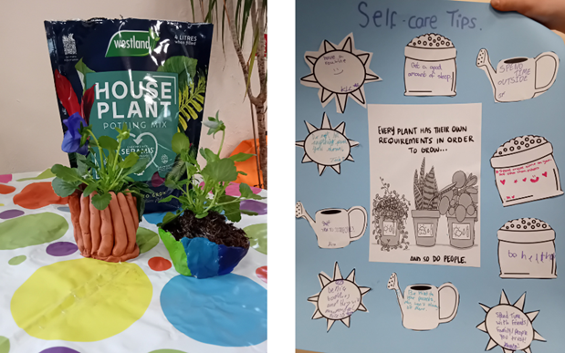 Plant pots that young people made at the SfYP Easter school holiday programme and a poster about self-care.