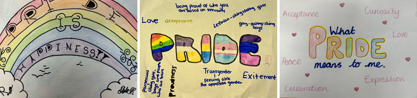 Collage of three posters made by young people reflecting what Pride means to them.