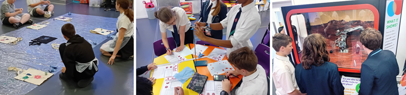 Students taking part in hands-on learning by creating paint rockets to understand chemical reactions, studying blood splatters to practice investigative science and maths skills, and using a robotic arm to solve problems and build a tower.