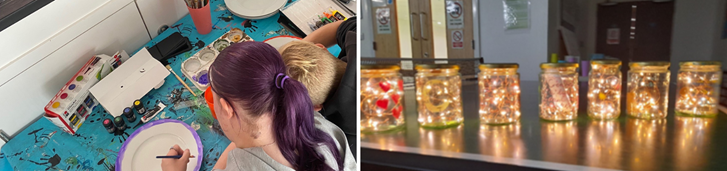 Collage of two images. First image shows young people painting portion plates. Second image is of 7 jars full of fairy lights on a table