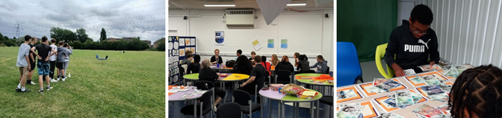 Collage of three images. First image shows a group of young people in a playing field with an obstacle course in front of them. Second image shows a group of young people sitting around tables indoors listening to an adviser. Third image shows two young black men sitting at a table sorting pretend money into piles