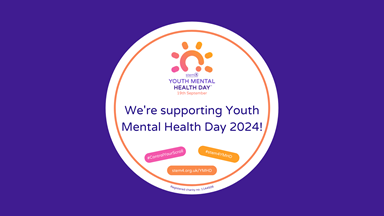 White circle on a blue/purple background which says "We're supporting Youth Mental Health Day 2024!' Image includes date of teh campaign, 19 September, the social media hashtags for the campaign and a link to stem4's website, who coordinate the campaign.