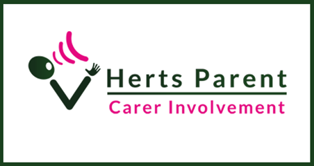 Herts Parent Carer Involvement logo with graphic of a person speaking.