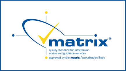 Matrix accreditation logo with blue curve detail and yellow tick.