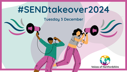 #SendTakeOver2024 Tuesday 3 December Voices of Hertfordshire logo and people with megaphones